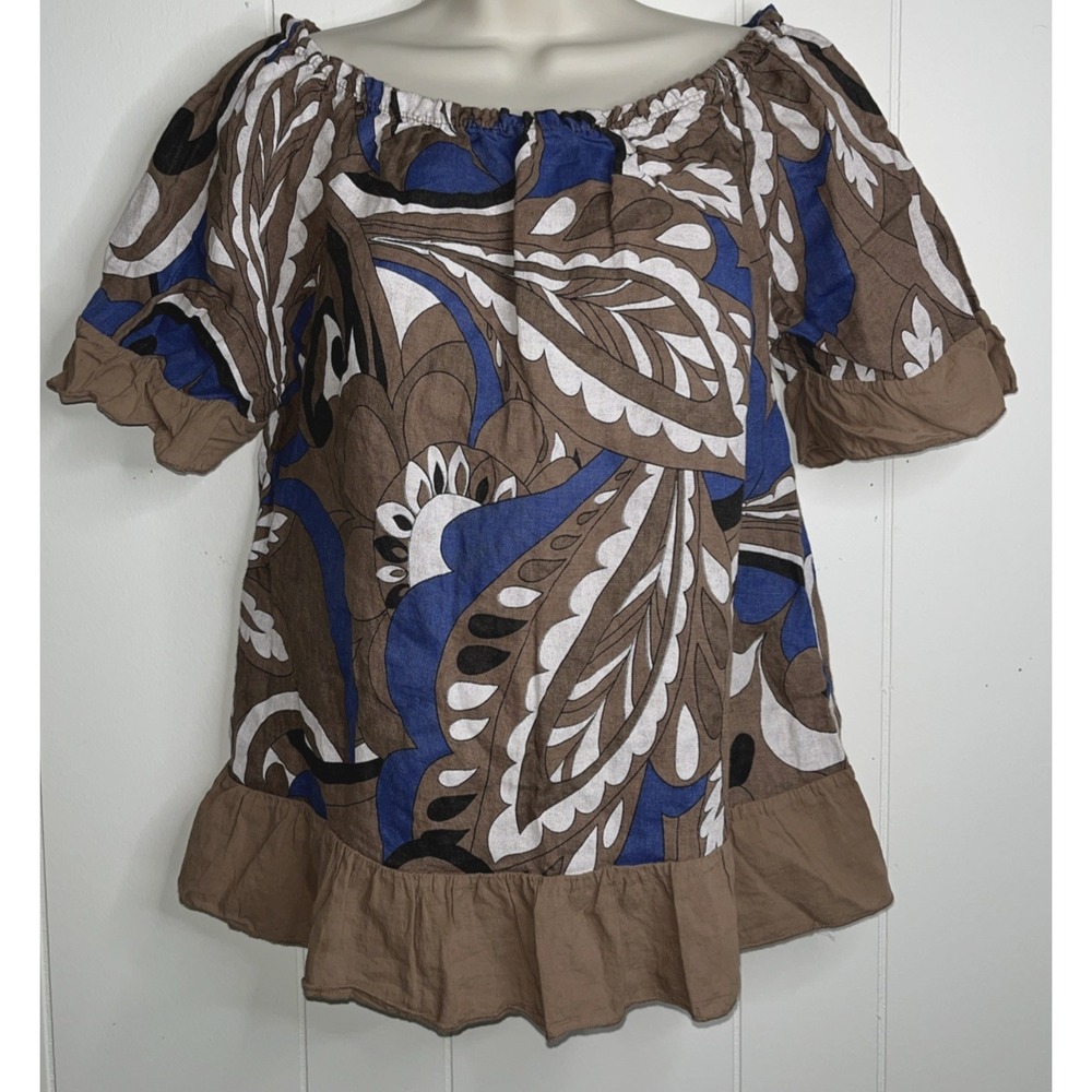 Terzo Millennio 100% Linen Ruffle‎ Hem Tunic Top Size Medium Italy Brown